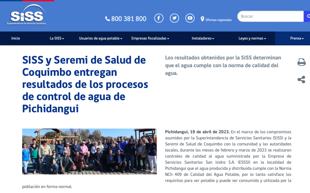 Publicación oficial de la SISS sobre los resultados de los procesos de control en Pichidangui
